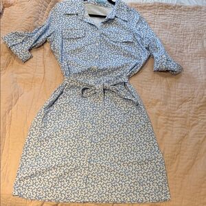 J. McLaughlin Calla Catalina Cloth Blue White Collared Stretch Belted Dress XL